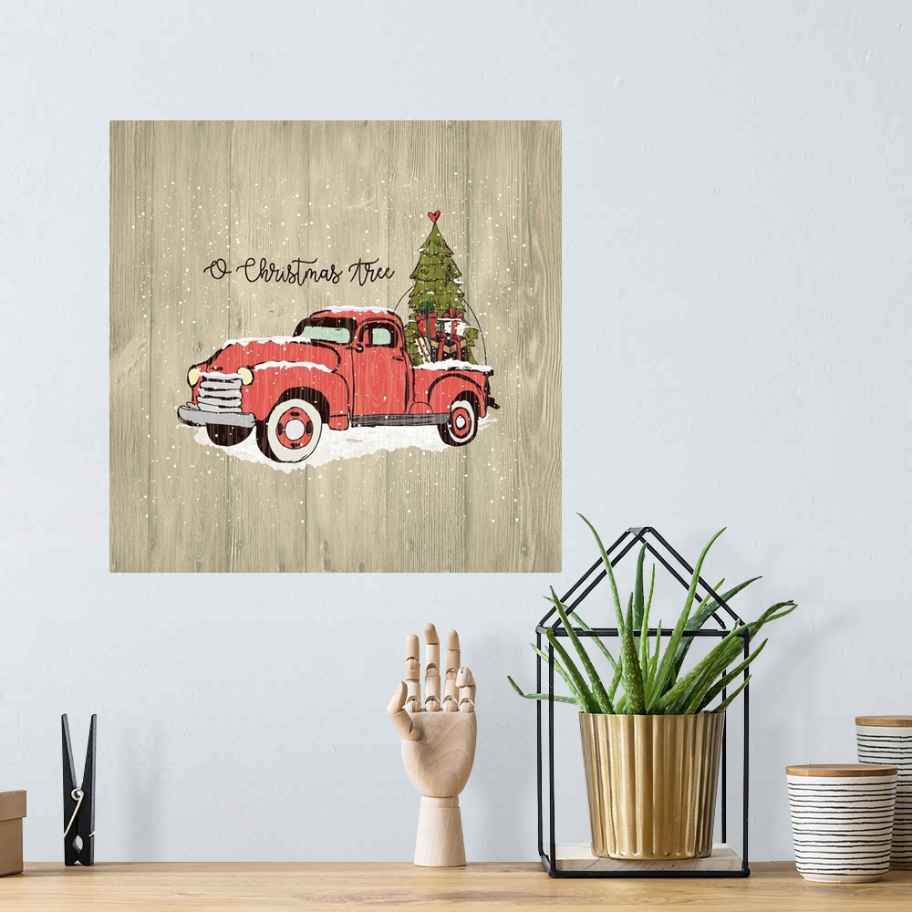 A bohemian room featuring Christmas decor of a vintage red truck carrying a Christmas tree and presents.