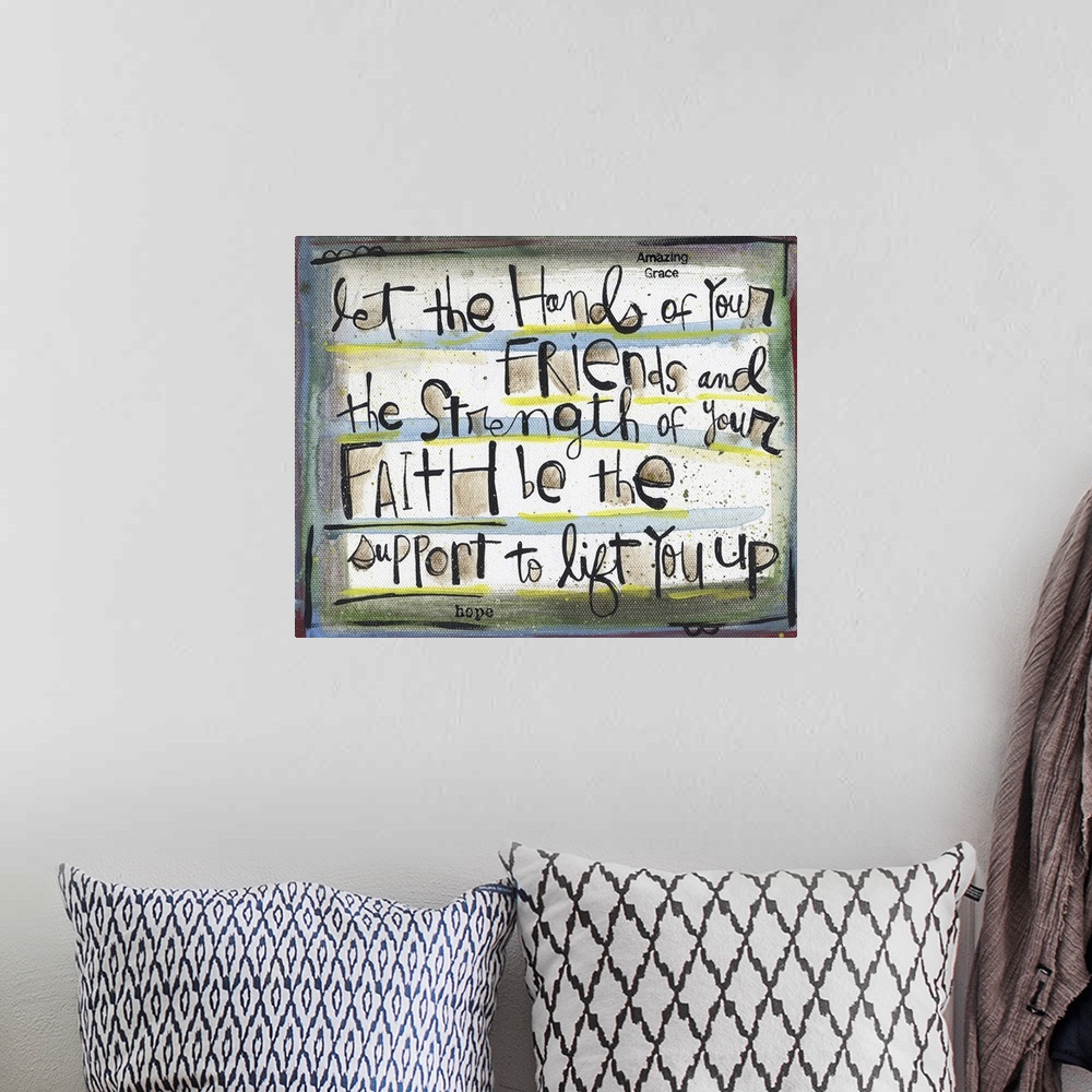 A bohemian room featuring An inspirational handwritten message in fun and funky text.