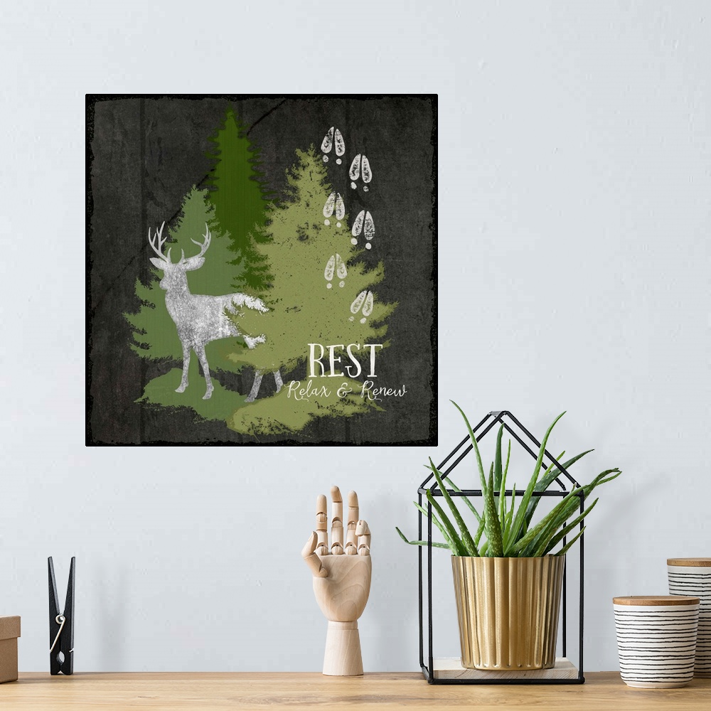 A bohemian room featuring Cabin decor of a deer silhouette with hoof tracks and pine trees.
