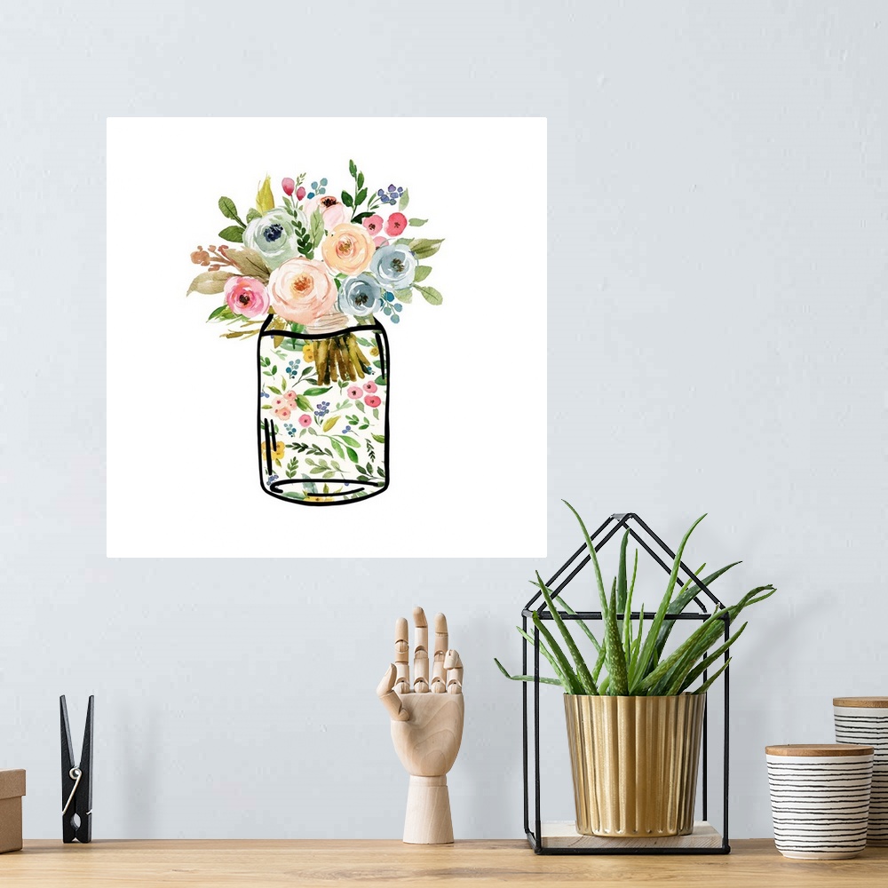 A bohemian room featuring Bouquet of colorful flowers inside a mason jar.