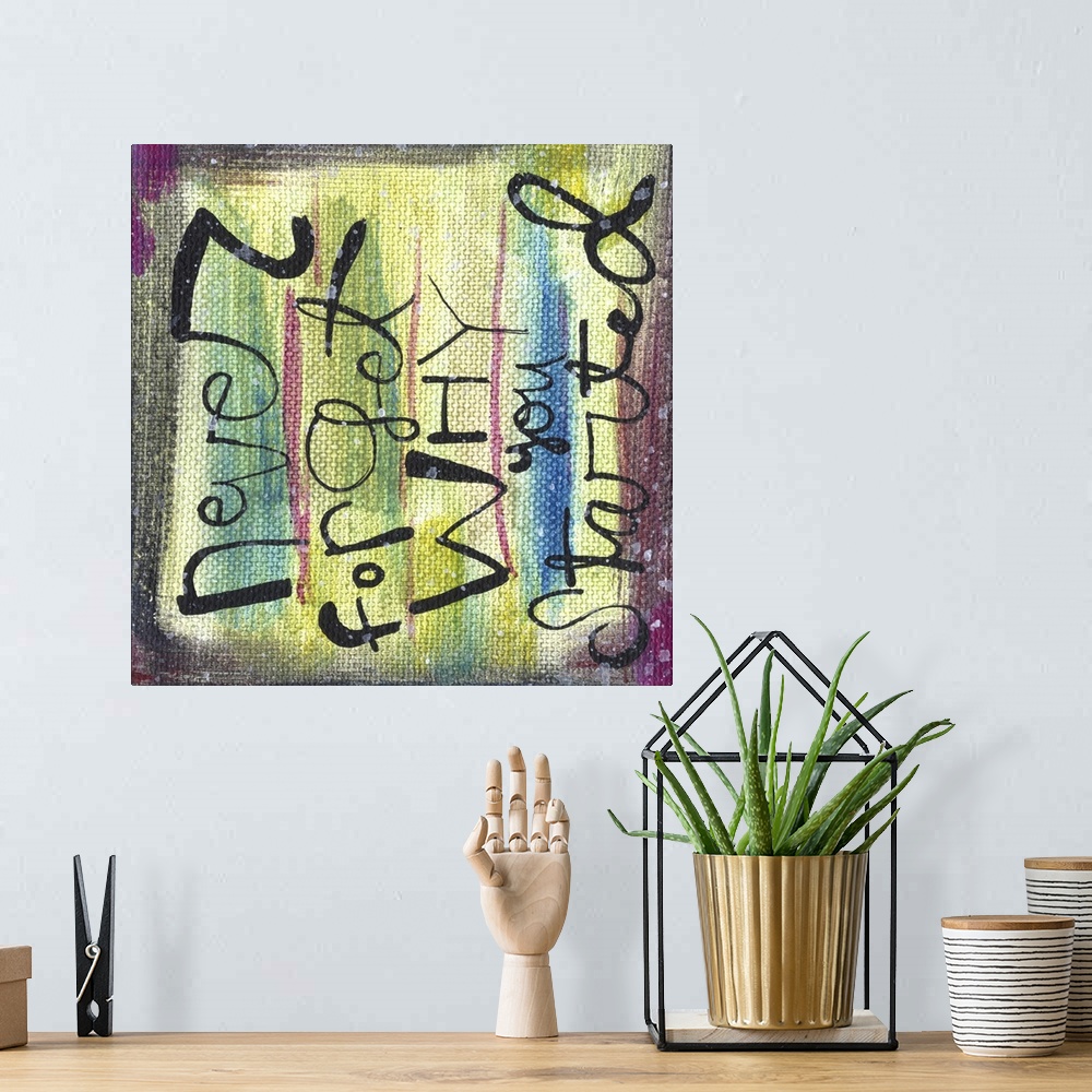 A bohemian room featuring Contemporary colorful and rustic looking sentiment artwork.