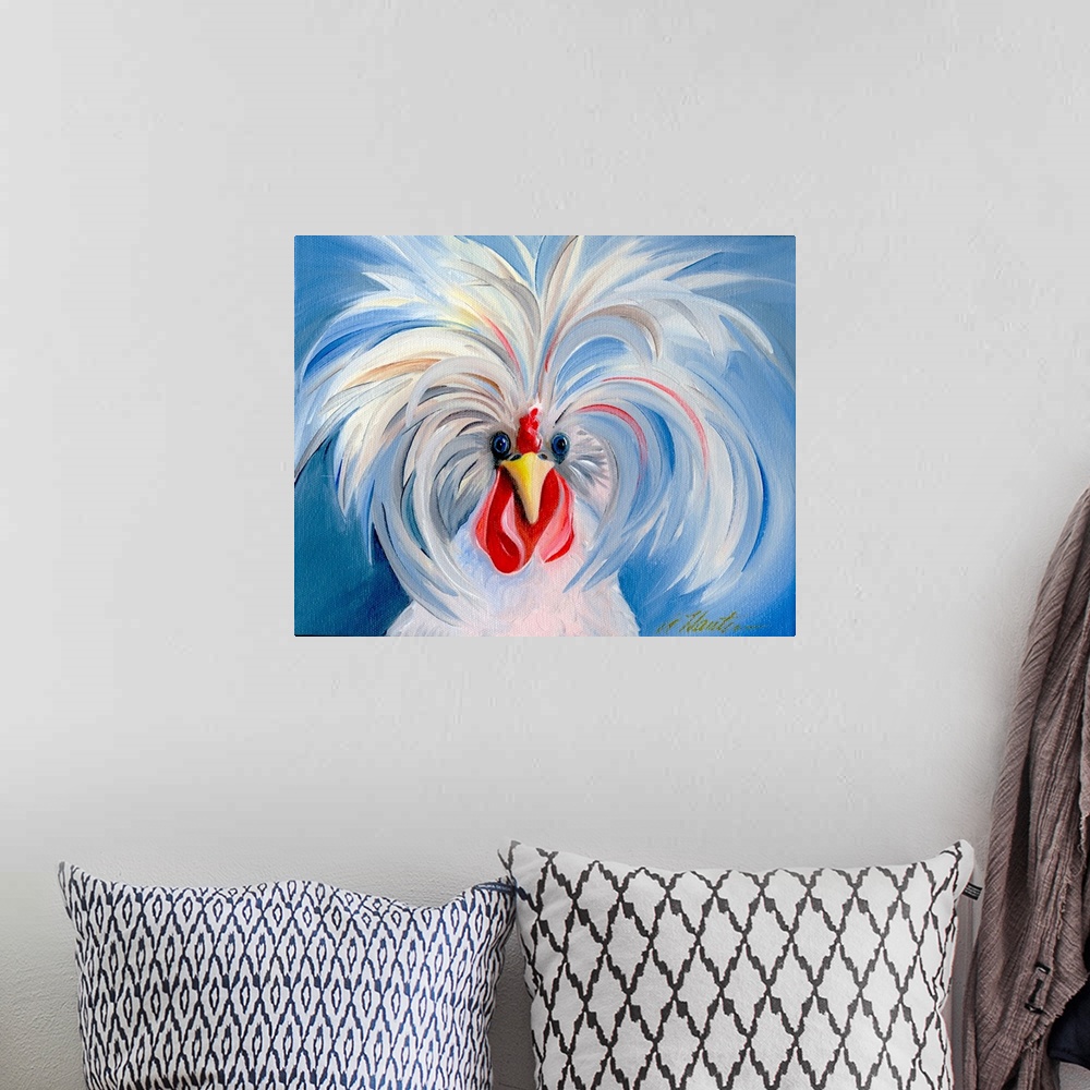 A bohemian room featuring A humorous painting of a rooster with the feathers on top of his sprouting up and out so as to gi...