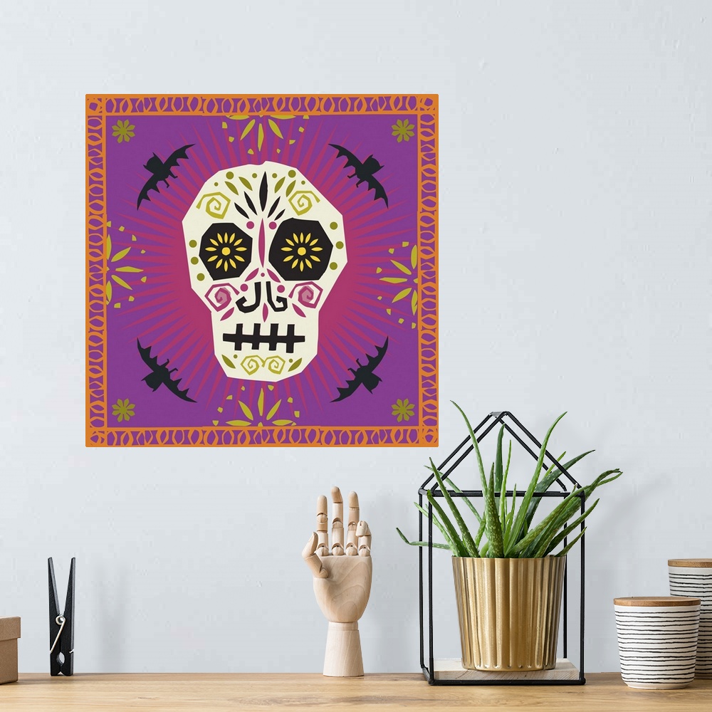 A bohemian room featuring Decorated sugar skull surrounded by bats and a decorative border.