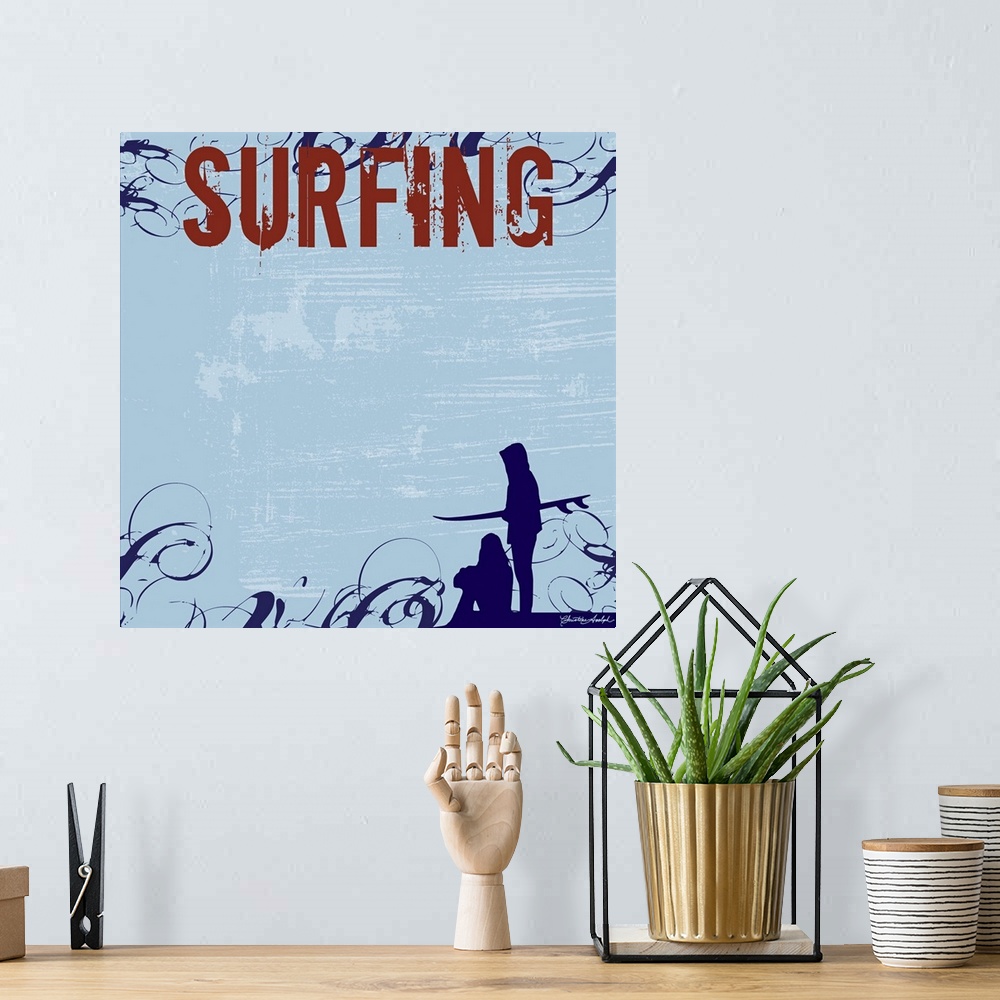 A bohemian room featuring The silhouette of two people is drawn at the bottom of this artwork with the word surfing in bold...