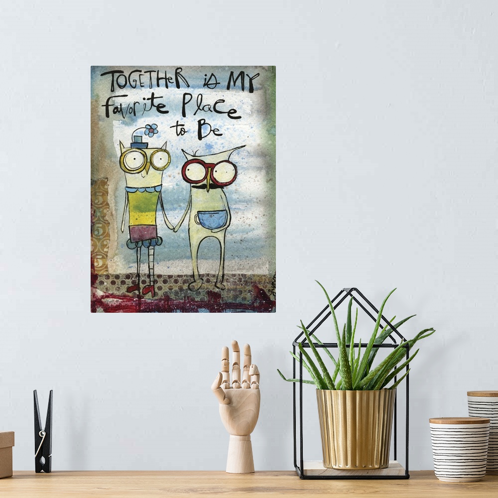 A bohemian room featuring Whimsical illustration of two owls holding hands.