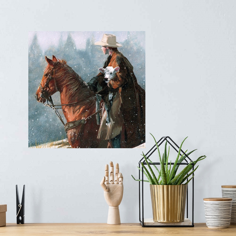 A bohemian room featuring A rancher holding a calf on horseback, looking wistful.