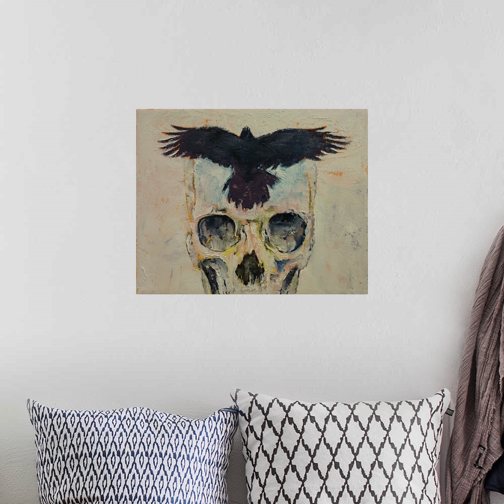 A bohemian room featuring A contemporary painting of a human skull with a black crow on the forehead.