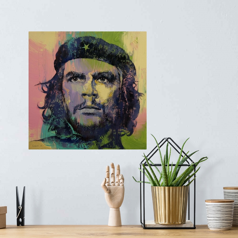 A bohemian room featuring A contemporary painting of a portrait of a Che Guevara
