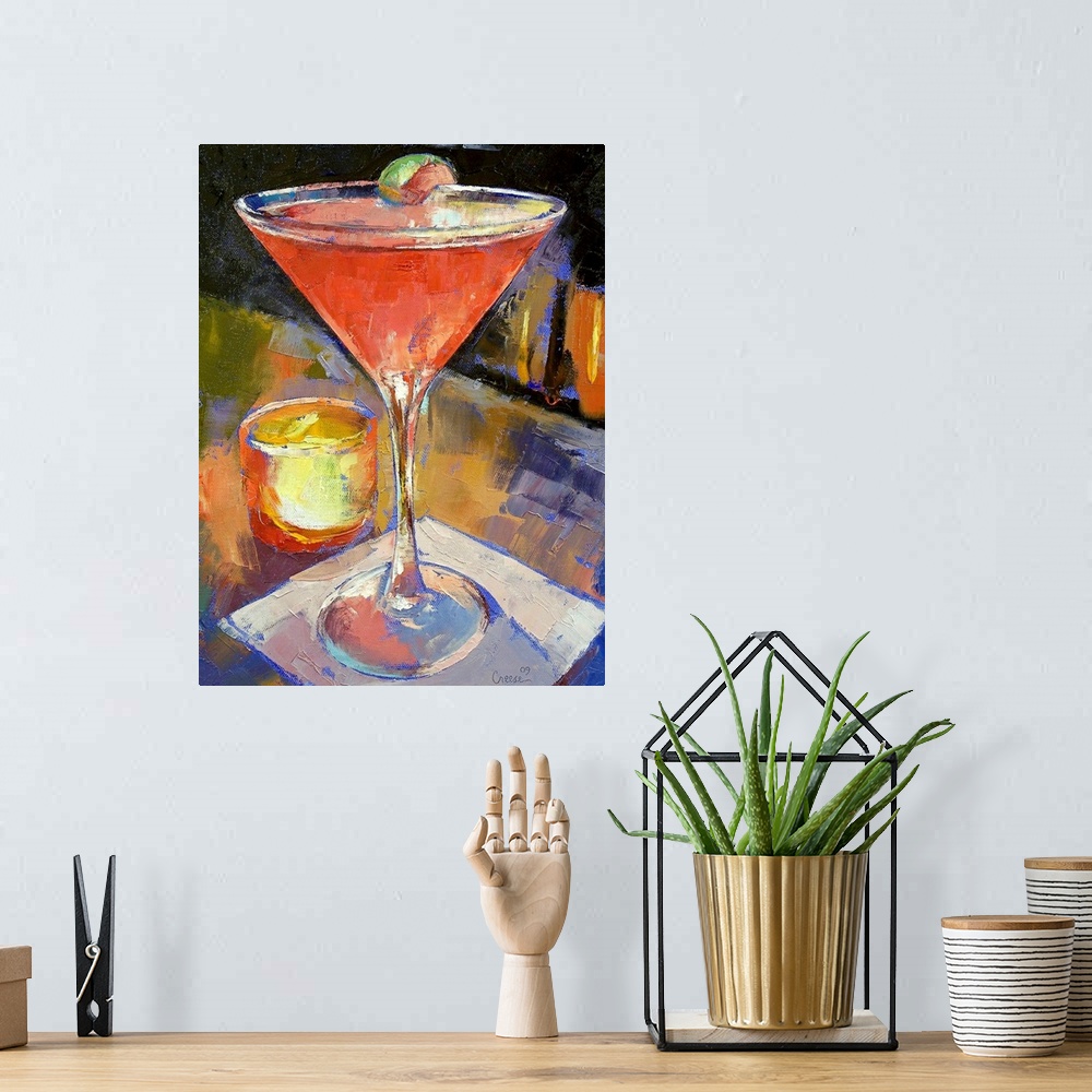 A bohemian room featuring Artwork perfect for the home or kitchen of an oil painted martini glass filled with a pink drink ...