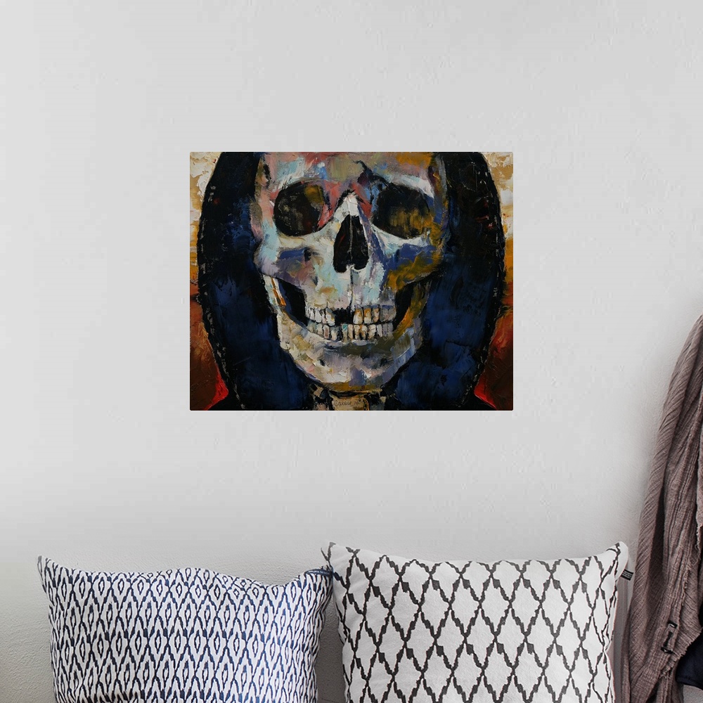 A bohemian room featuring A contemporary painting of the grim reaper.
