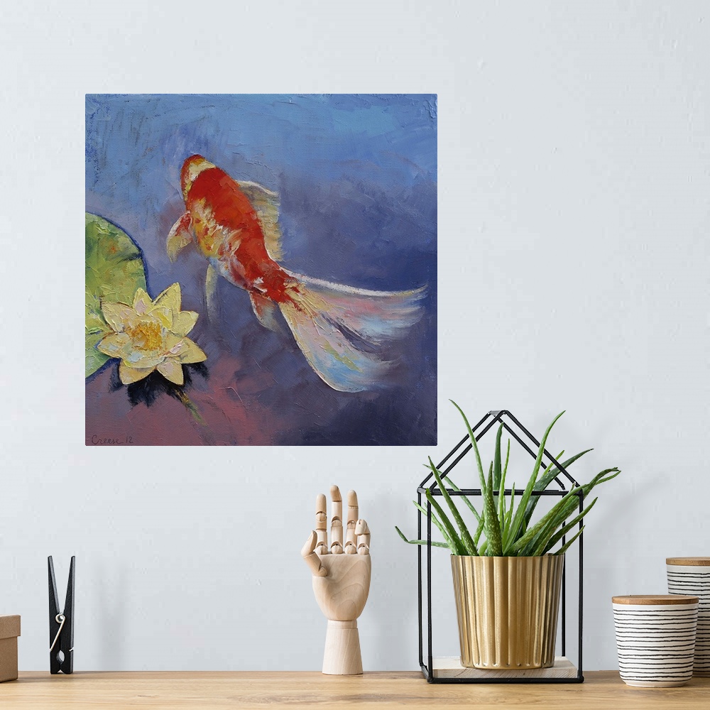 A bohemian room featuring Contemporary artwork of a red and white koi fish swimming near a white lotus flower.