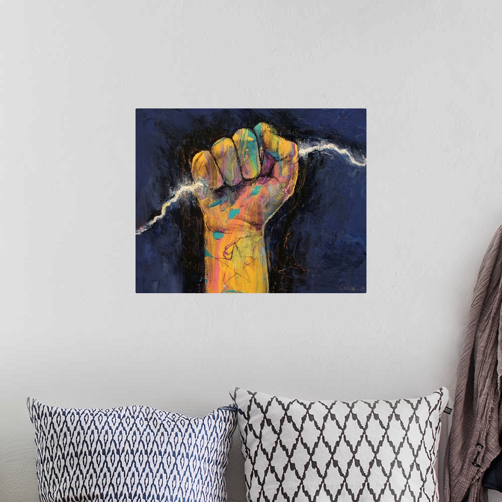 A bohemian room featuring A contemporary painting of a hand holding a lightning bolt.
