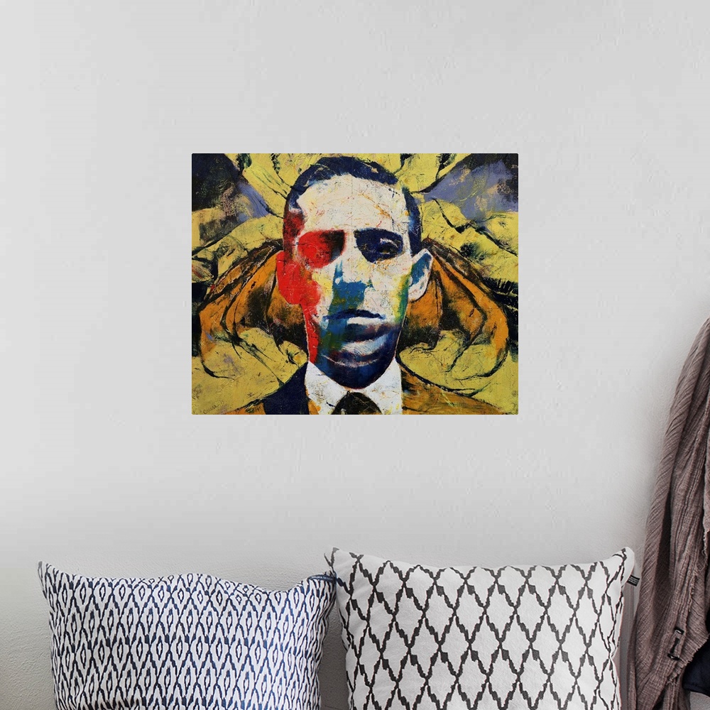 A bohemian room featuring A contemporary painting of the horror science fiction author H.P. Lovecraft.