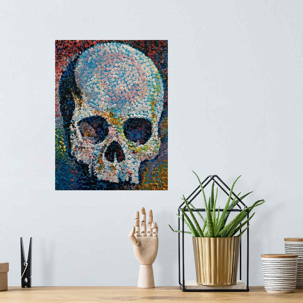A bohemian room featuring A contemporary painting of human skull made from hundreds of tiny dots.