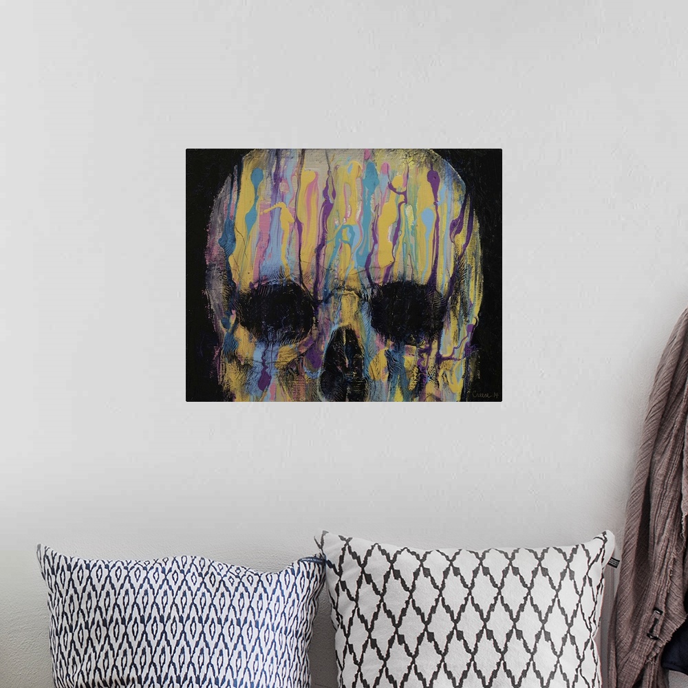 A bohemian room featuring A contemporary painting of human skull with multi-colored paint dripping from the top of its head.