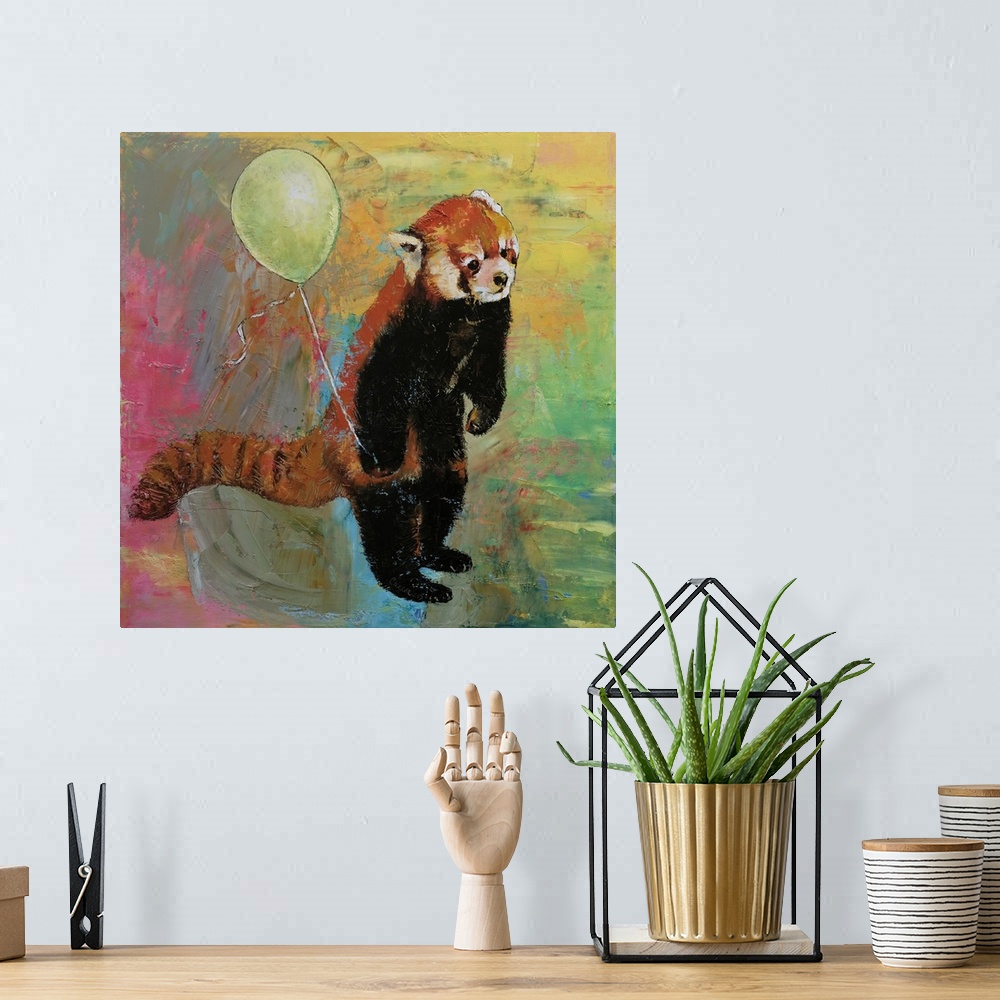 A bohemian room featuring A contemporary painting of a red panda standing up holding a green balloon.