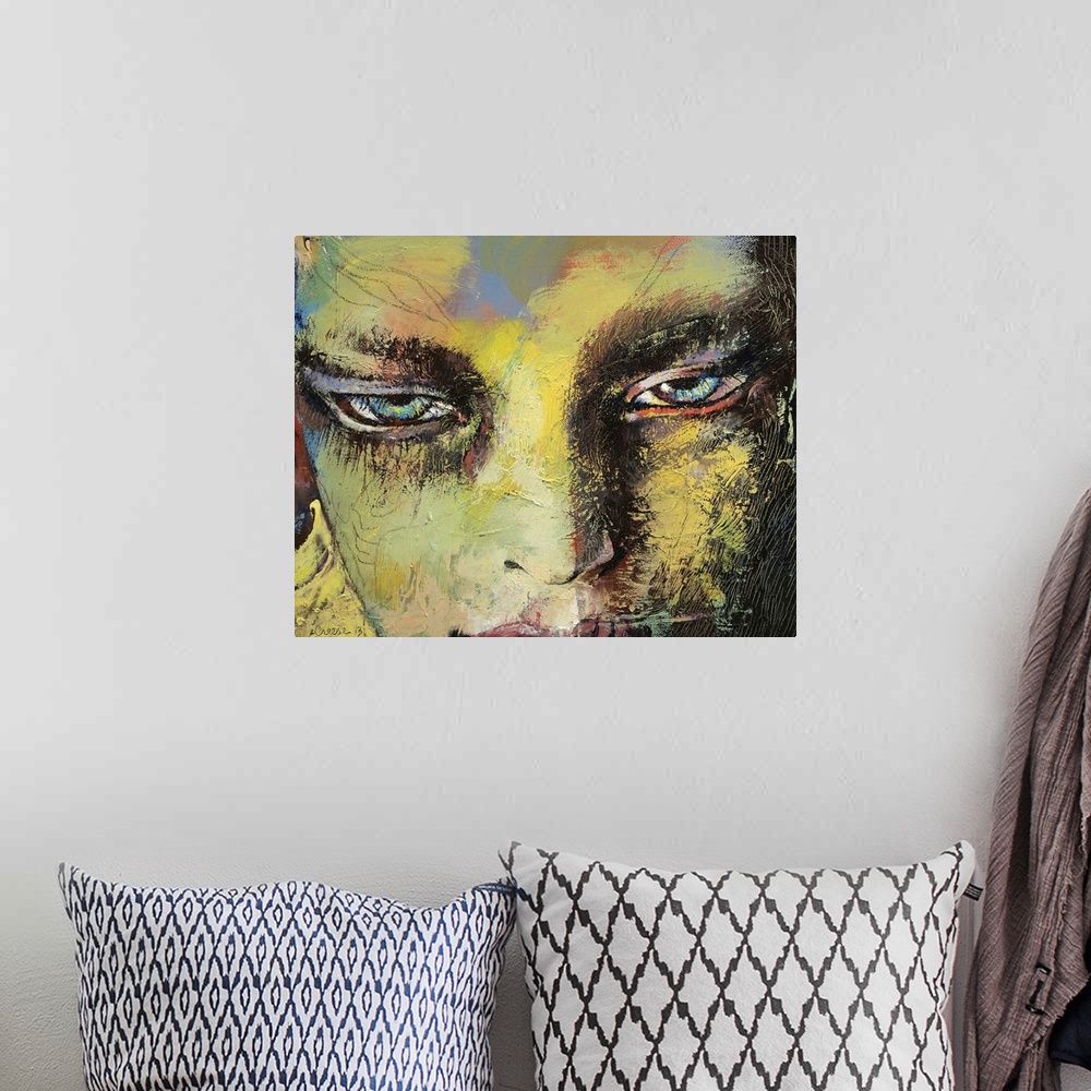 A bohemian room featuring Contemporary painting of a close-up on the face of Shiva the Hindu deity.