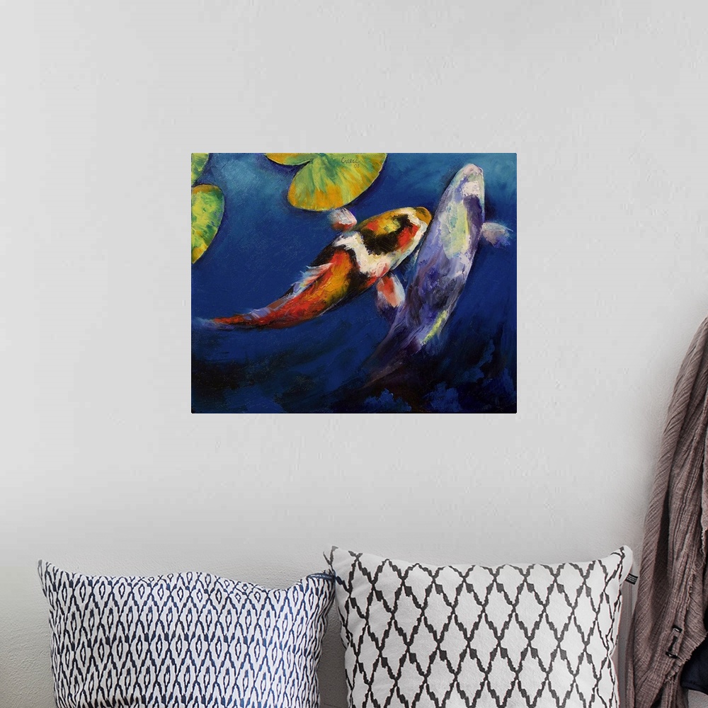 A bohemian room featuring This painting depicts two koi fish. It is rendered with an impasto technique for beatuful, staine...