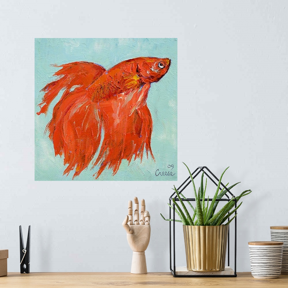 A bohemian room featuring Giant, square painting on a large wall hanging of a vivid Siamese fighting fish with flowing fins...