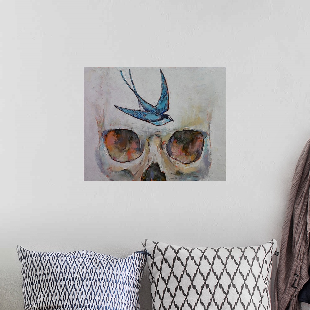 A bohemian room featuring Contemporary painting of a human skull close-up on the eyes and forehead with a blue sparrow on t...