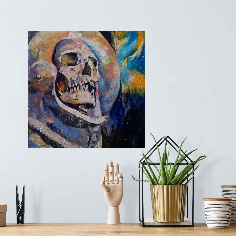 A bohemian room featuring A contemporary painting of a human skull seen through the helmet glass of an astronaut suit.