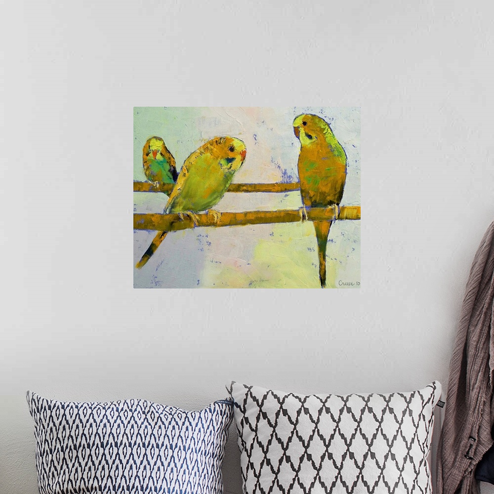 A bohemian room featuring Original oil on canvas painting of three budgies on perches by American artist Michael Creese.