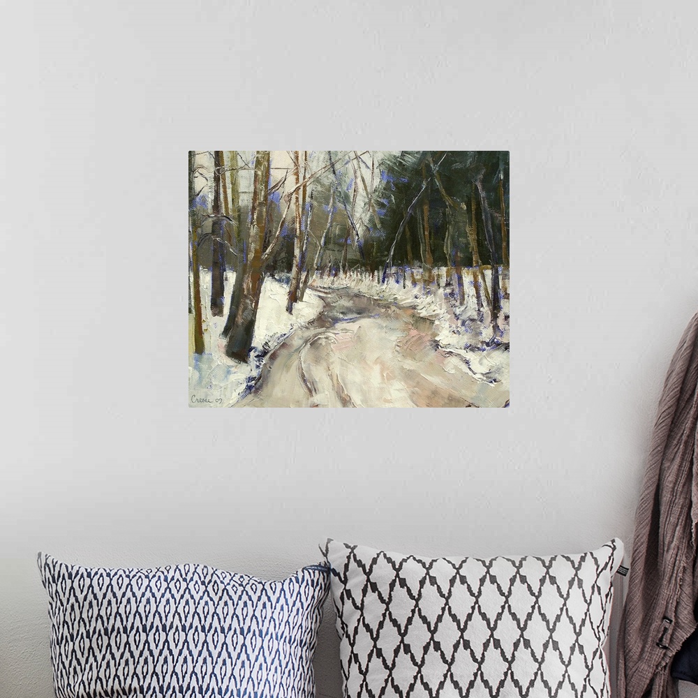 A bohemian room featuring Giant contemporary art portrays a look down a frozen stream surrounded by a snow covered landscap...