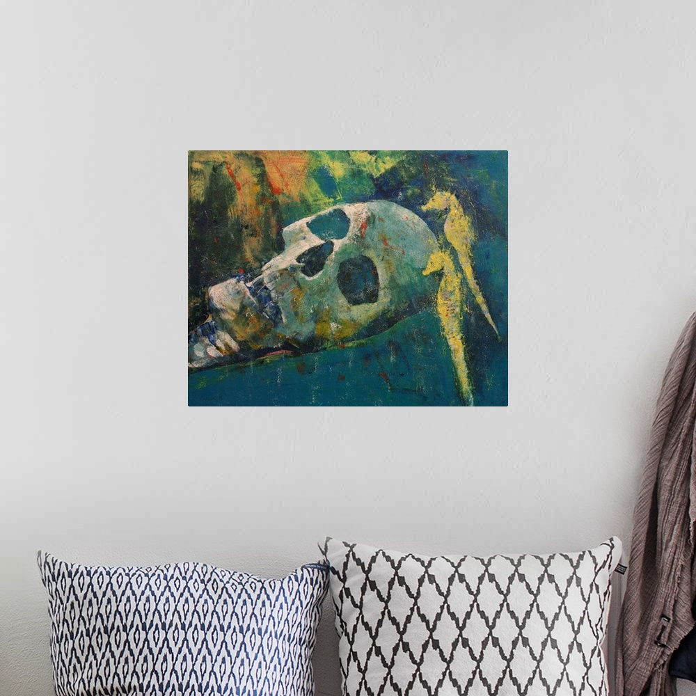 A bohemian room featuring Contemporary painting of a human skull lying beside two yellow seahorses.