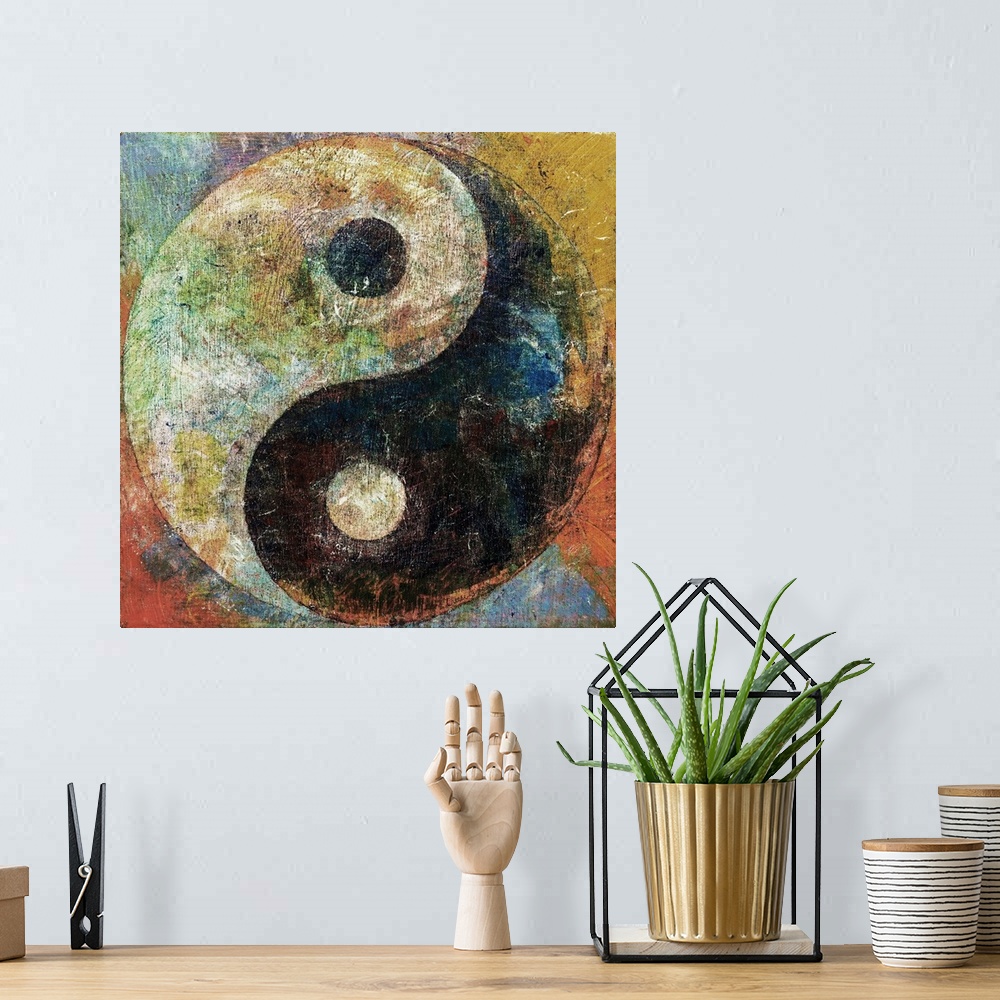 A bohemian room featuring A contemporary painting of a yin yang.