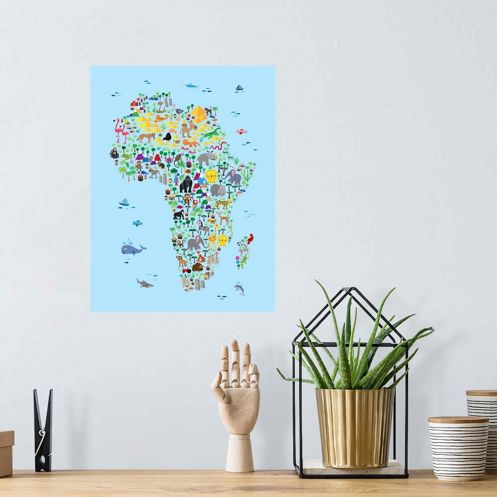 A bohemian room featuring A map of the Africa featuring cartoon animals. A colorful, fun and exciting map for any young chi...
