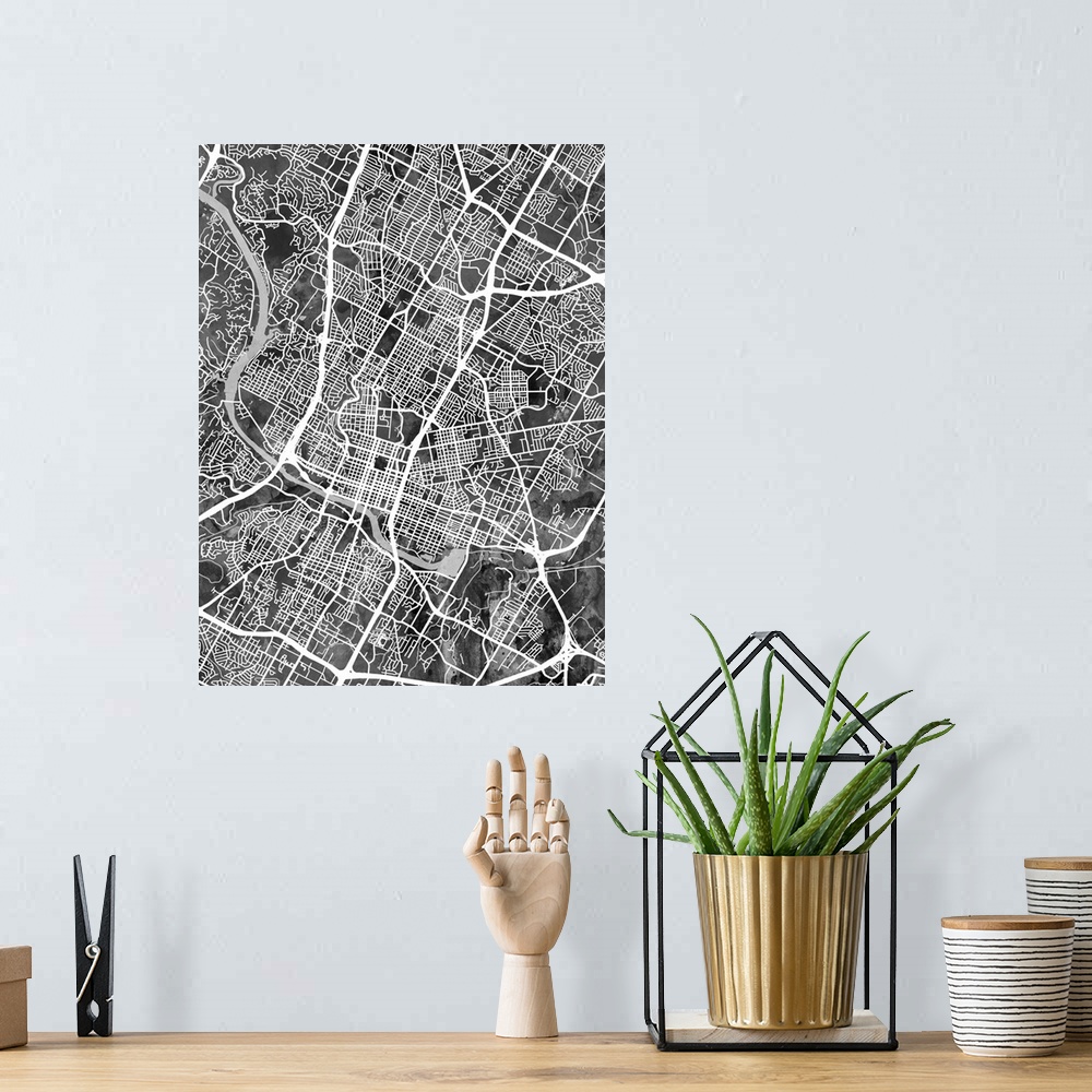 A bohemian room featuring Watercolor street map of Austin, Texas, United States