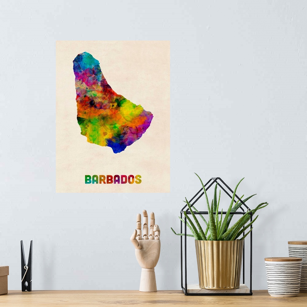A bohemian room featuring A watercolor map of Barbados.