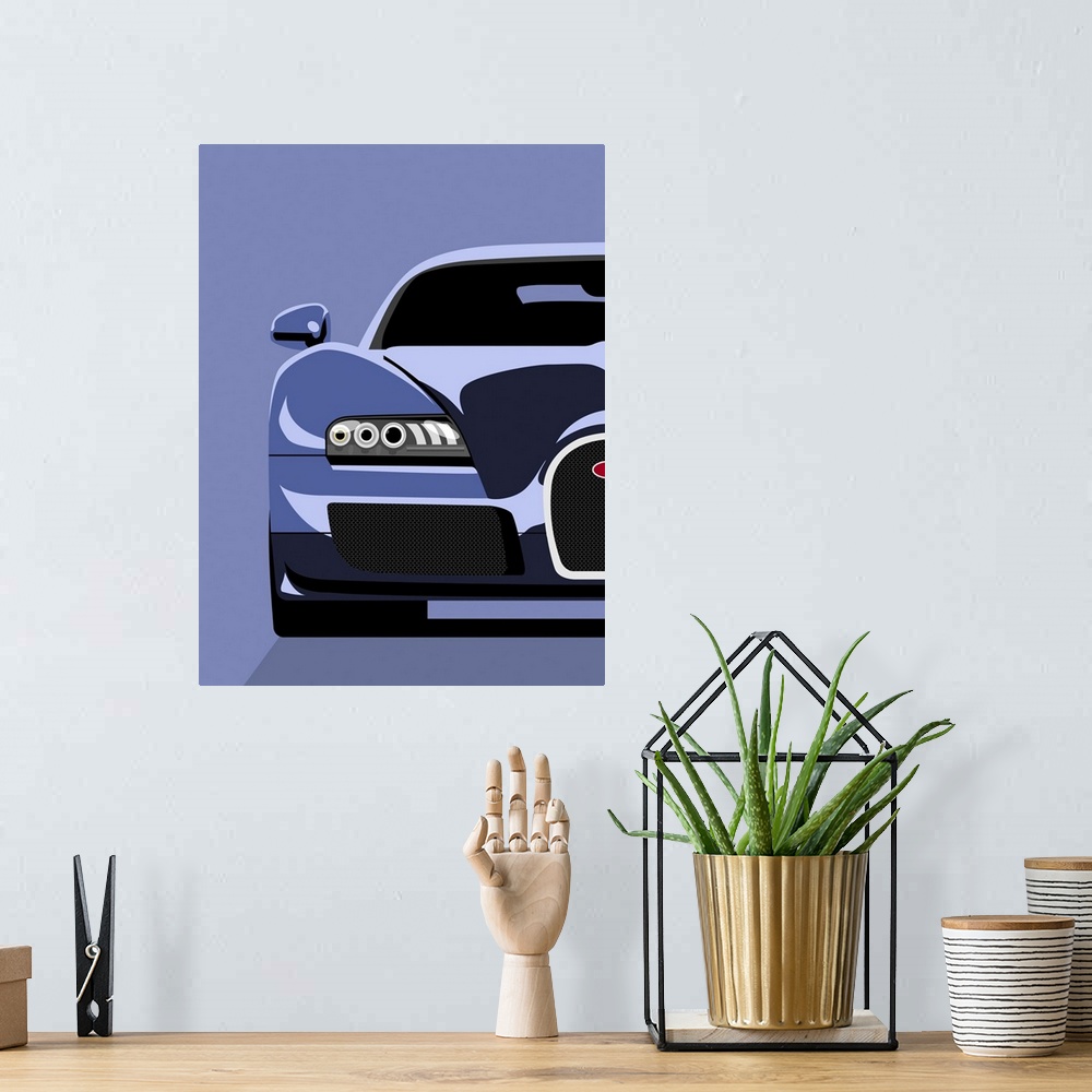 A bohemian room featuring Oversized, vertical pop art on a wall hanging of half of the front end of a Bugatti Veyron, on a ...