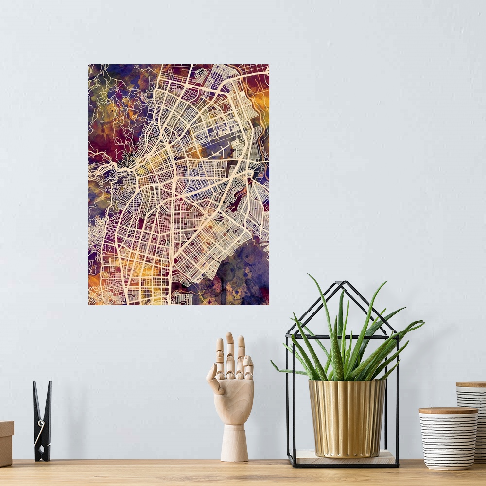 A bohemian room featuring Watercolor street map of Cali, Colombia