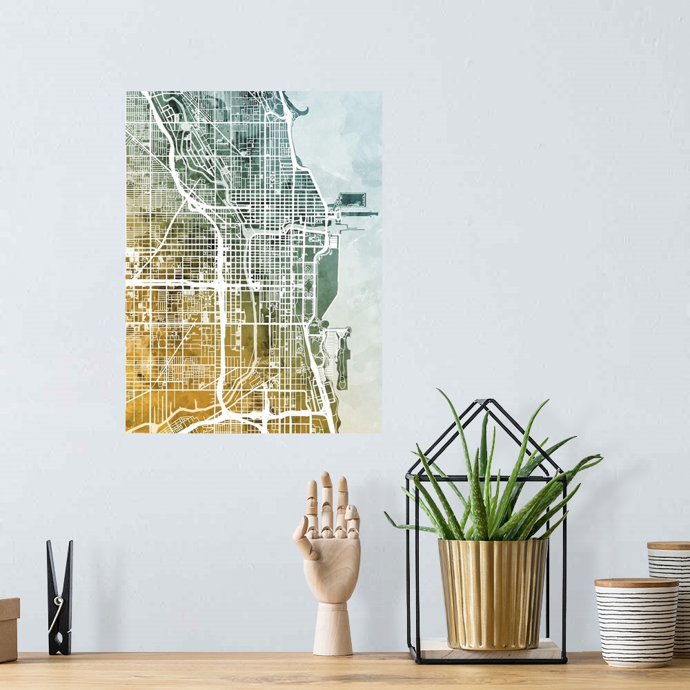A bohemian room featuring A watercolor street map of Chicago, Illinois, United States