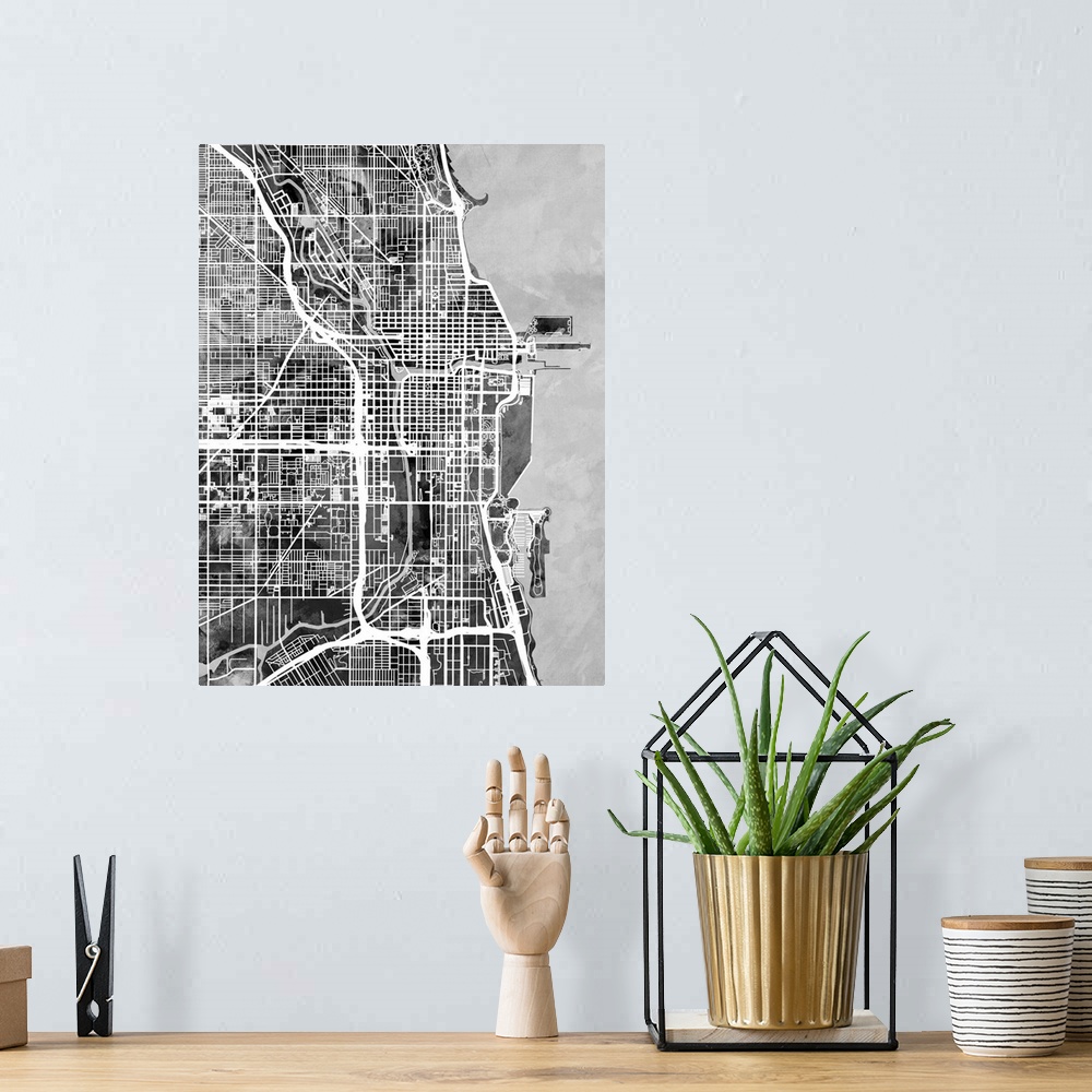 A bohemian room featuring A watercolor street map of Chicago, Illinois, United States.