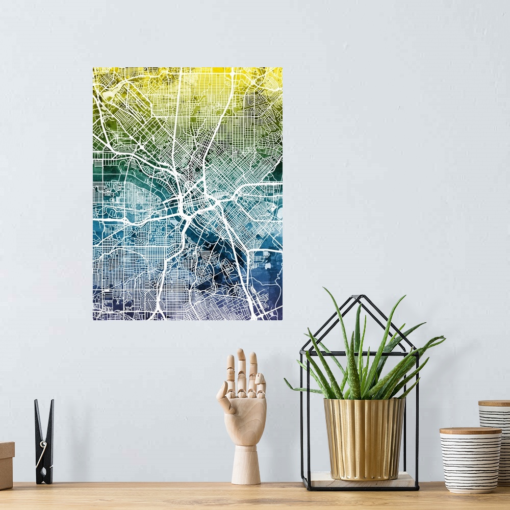 A bohemian room featuring Watercolor street map of Dallas, Texas, United States