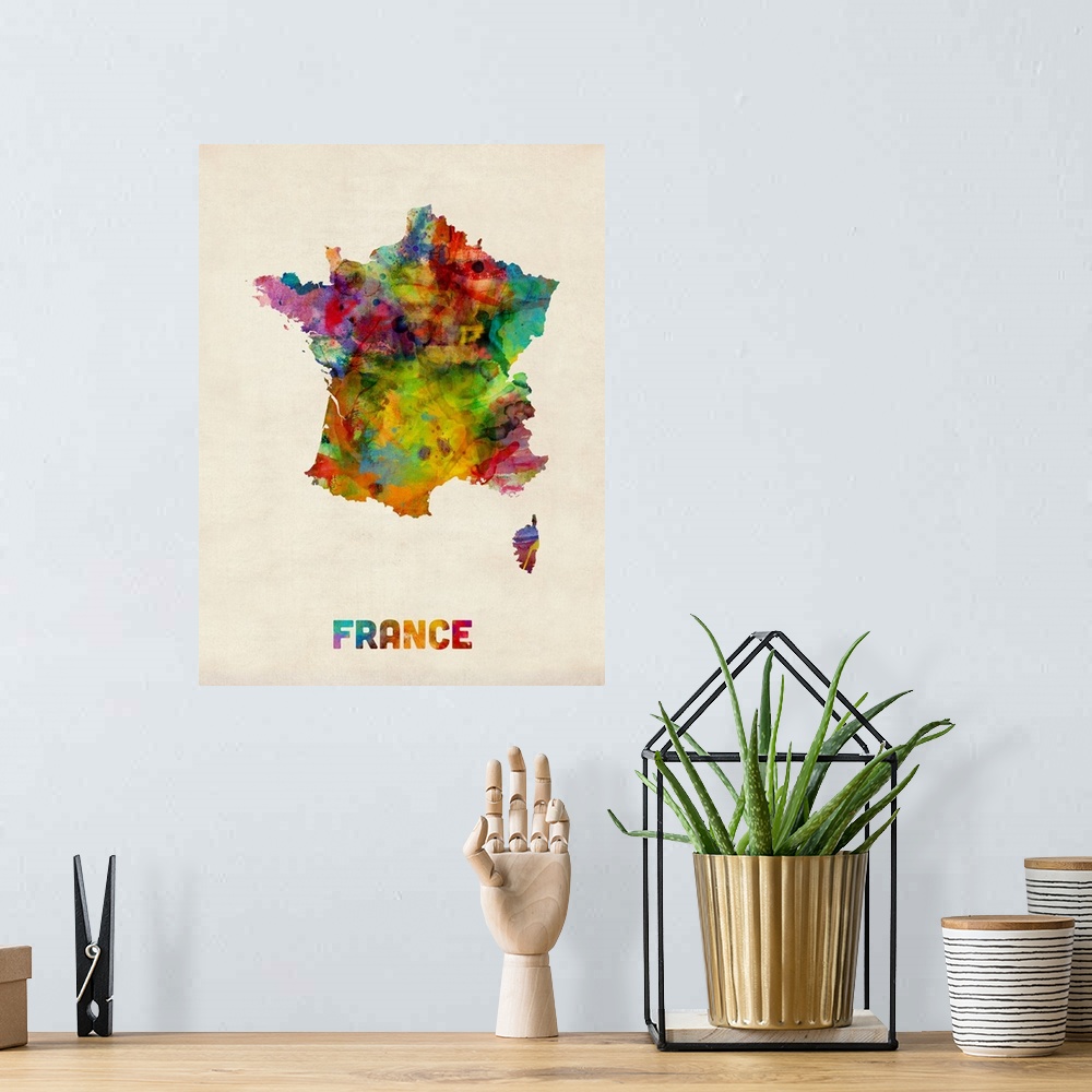 A bohemian room featuring France Watercolor Map