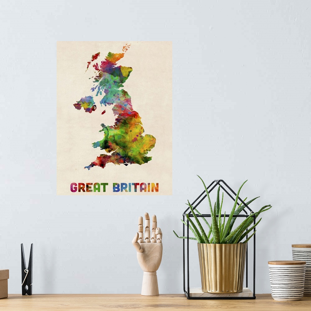 A bohemian room featuring Great Britain Watercolor Map