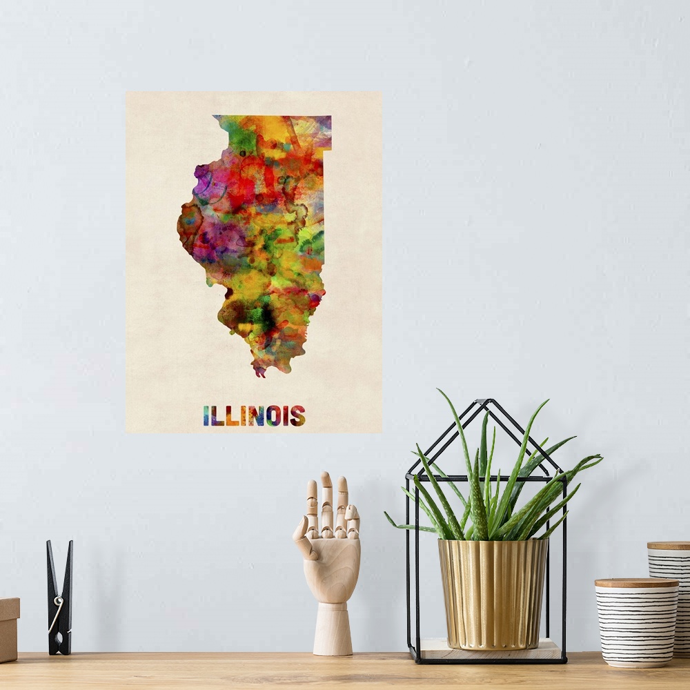 A bohemian room featuring Contemporary piece of artwork of a map of Illinois made up of watercolor splashes.
