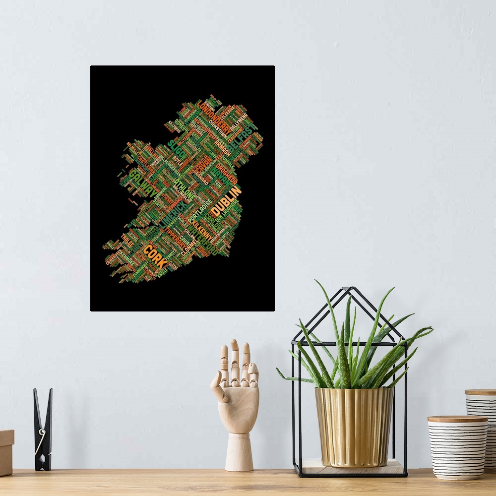 A bohemian room featuring Contemporary colorful typography artwork of Eire City in Ireland.