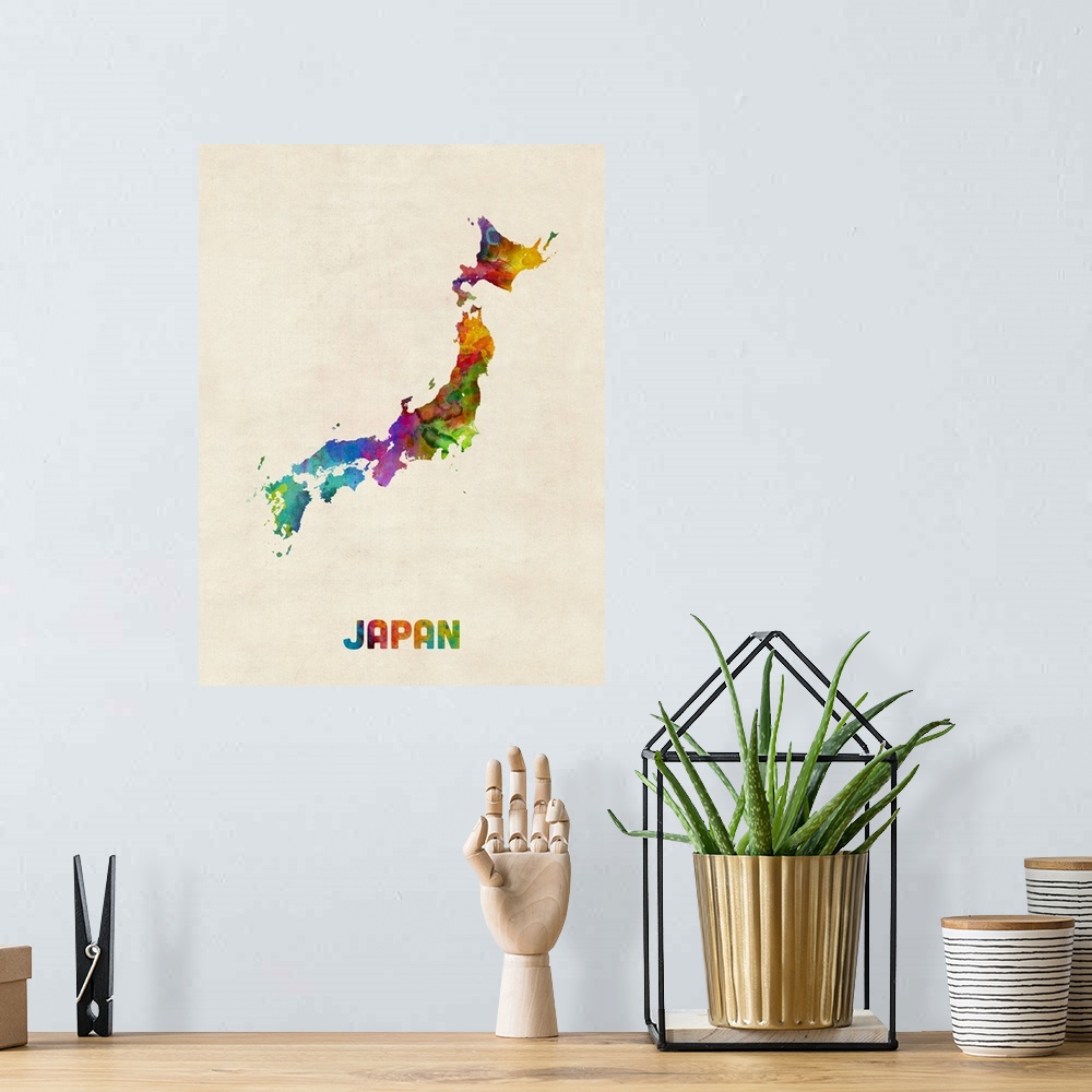 A bohemian room featuring A watercolor map of Japan.