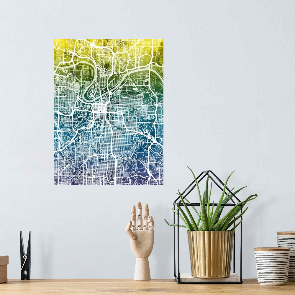 A bohemian room featuring Watercolor street map of Kansas City, Missouri, United States