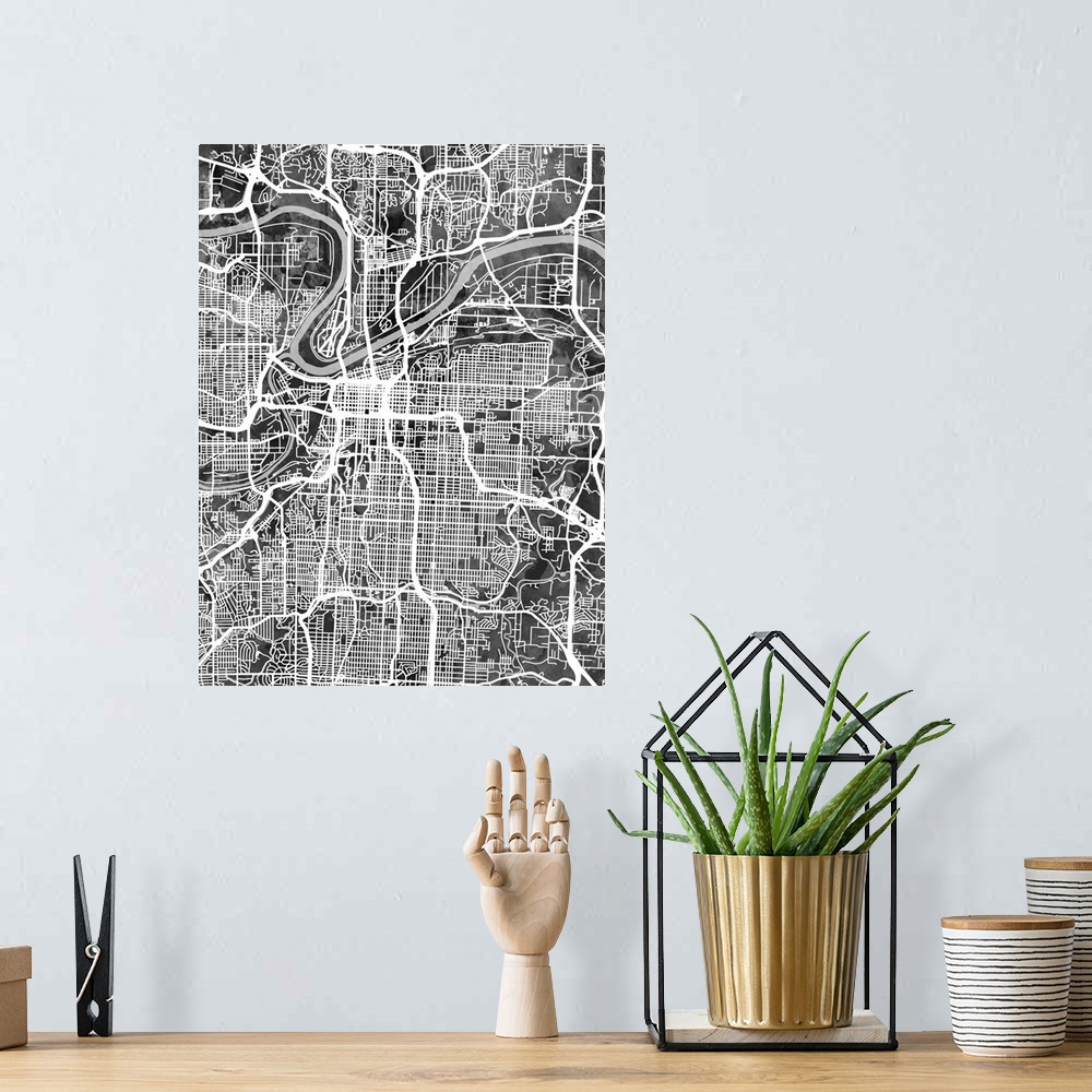 A bohemian room featuring Watercolor street map of Kansas City, Missouri, United States
