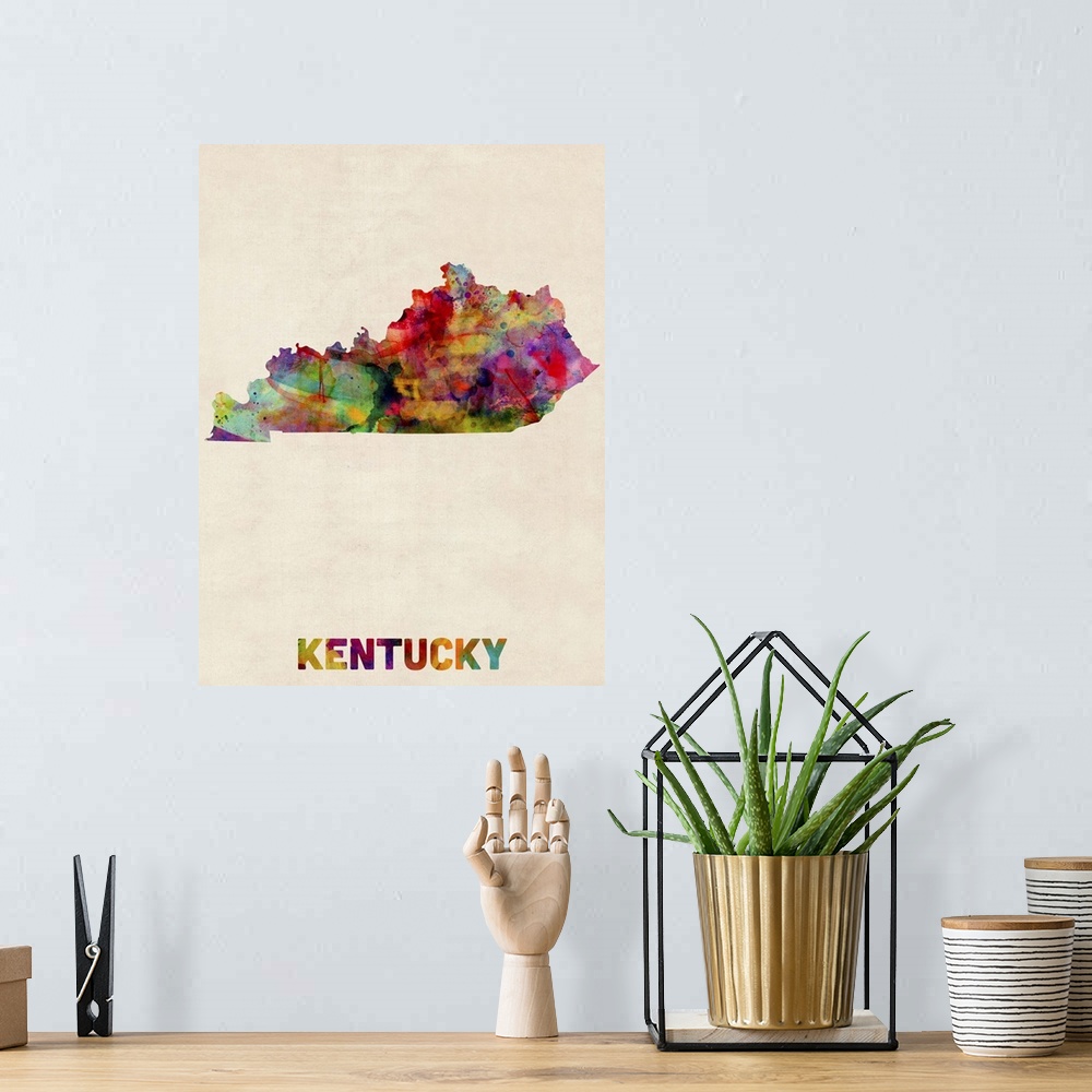 A bohemian room featuring Contemporary piece of artwork of a map of Kentucky made up of watercolor splashes.
