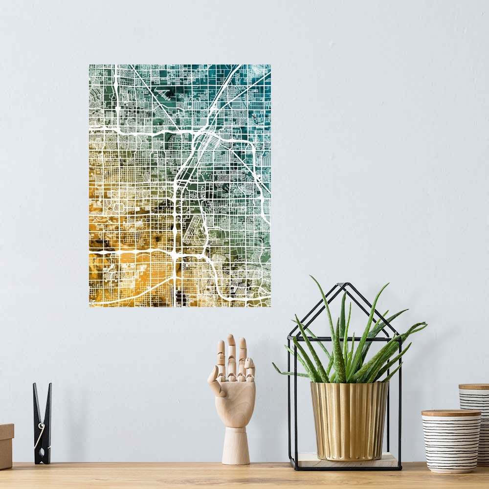 A bohemian room featuring A watercolor street map of Las Vegas, Nevada, United States
