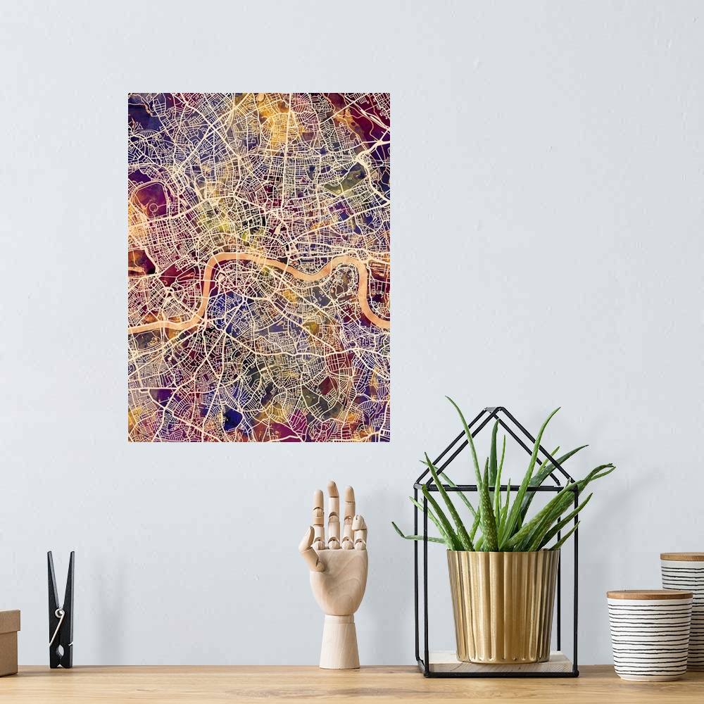 A bohemian room featuring A watercolor street map of London, England