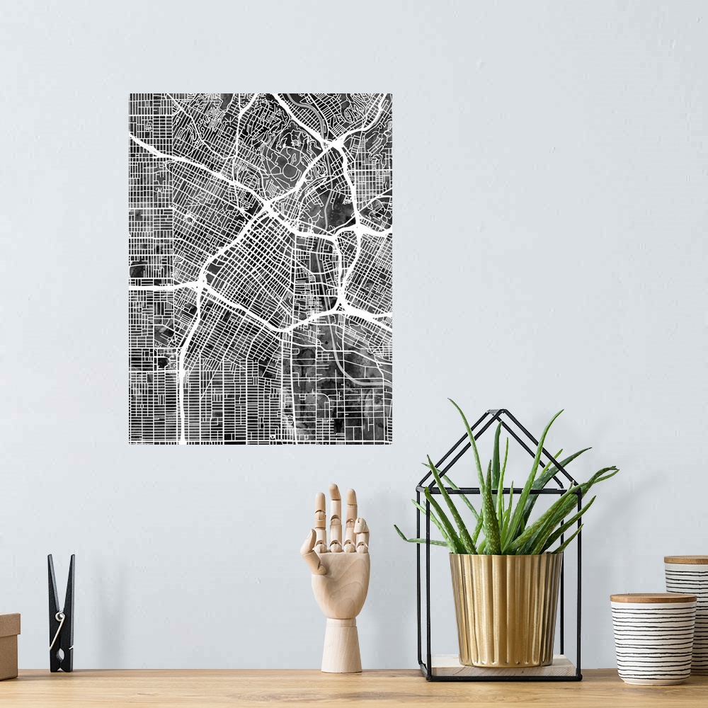 A bohemian room featuring A watercolor street map of Los Angeles, California, United States.