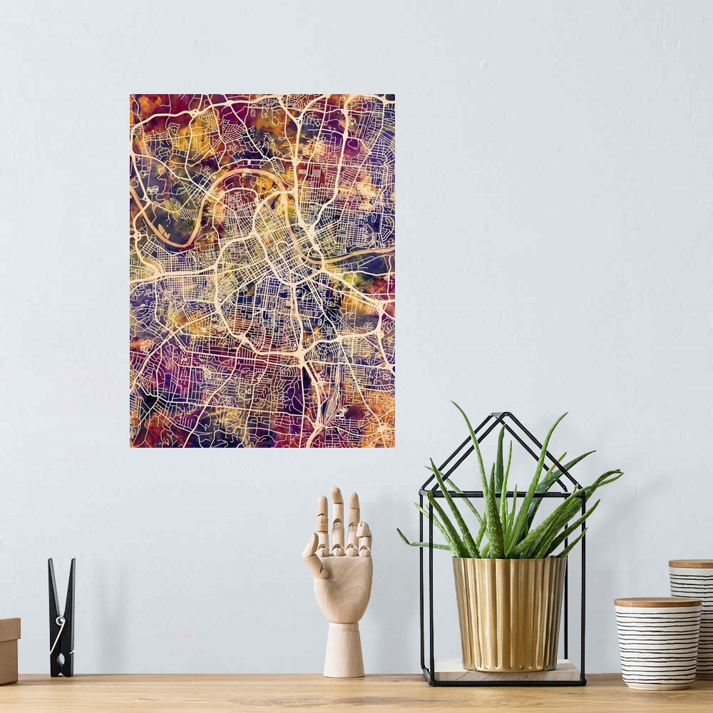 A bohemian room featuring Watercolor street map of Nashville, Tennessee, United States