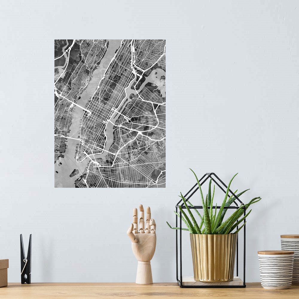 A bohemian room featuring A watercolor street map of Manhattan, New York City.